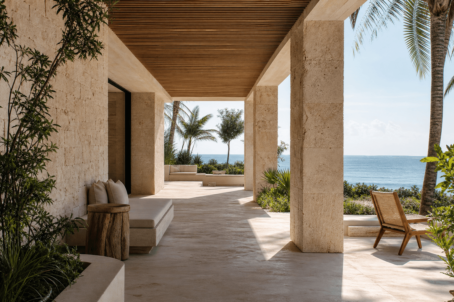 Editorial view through a contemporary coastal colonnade